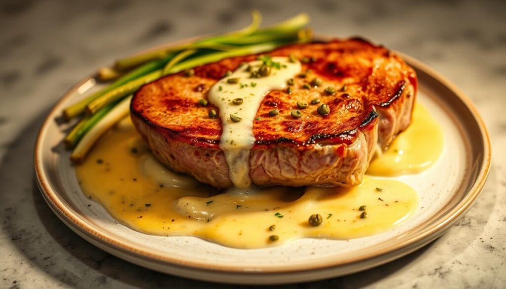 Gammon steak with gribiche sauce and leeks